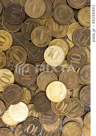 Russian coins, rubles. Background and texture of Russian money Russian coins, rubles. Background and texture of Russian money 88266802