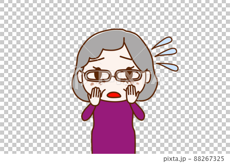 （上半身正面）頬全体にシミが出来ているのを発見して焦っている高齢の女性 88267325