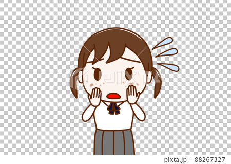 （上半身正面）頬全体にシミが出来ているのを発見して焦っている女子学生 88267327