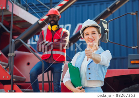 Success Teamwork Concept, Business people engineer and worker team smiling with giving thumbs up as sign of Success. 88267353