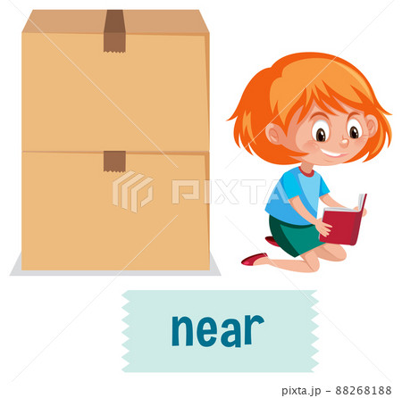 Preposition of place with cartoon girl and a box Preposition of place with cartoon girl and a box 88268188