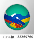 Conflict Ukraine-Russia. Flags of Russia and Ukraine. Reconciliation, truce in Ukraine. Peace talks, negotiations. Handshake logo. Vector illustration. EPS10. 88269760