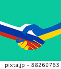 Conflict Ukraine-Russia. Flags of Russia and Ukraine. Reconciliation, truce in Ukraine. Peace talks, negotiations. Handshake logo. Vector illustration. EPS10. 88269763