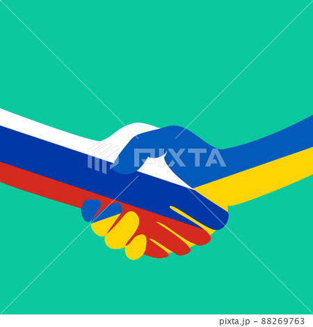 Conflict Ukraine-Russia. Flags of Russia and Ukraine. Reconciliation, truce in Ukraine. Peace talks, negotiations. Handshake logo. Vector illustration. EPS10. 88269763