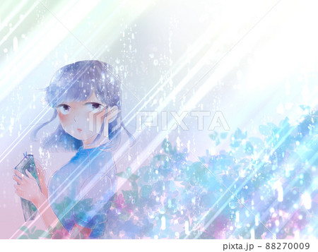 窓ガラスに映る紫陽花と少女/雨模様 88270009