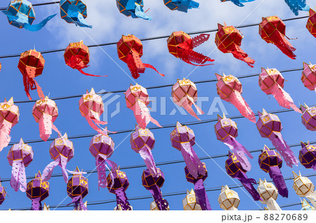 colorful hanging lanterns lighting in loy krathong and new year festival at northern of thailand colorful hanging lanterns lighting in loy krathong and new year festival at northern of thailand 88270689