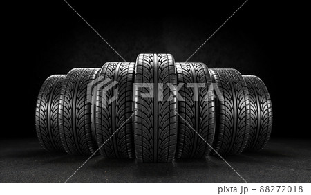 Seven car wheels on black background. Poster or cover design. 3D rendering illustration. Seven car wheels on black background. Poster or cover design. 3D rendering illustration. 88272018