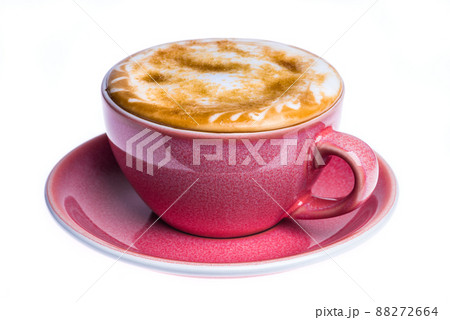 Hot cappuccino topped brown sugar cane, ceramic coffee cup isolated on white background 88272664