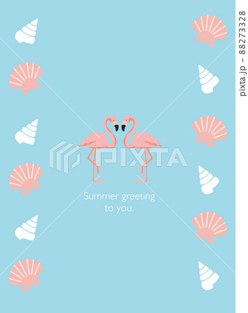 フラミンゴと貝のイラストの暑中お見舞いカードテンプレート フラミンゴと貝のイラストの暑中お見舞いカードテンプレート 88273328