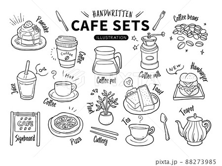手描き素材セット_食べ物_カフェセット_線画 手描き素材セット_食べ物_カフェセット_線画 88273985