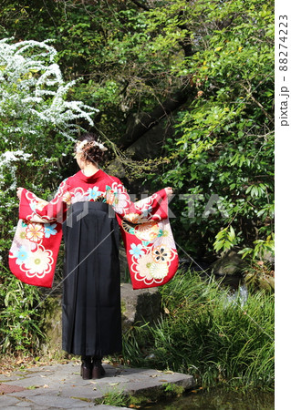 ユキヤナギのある小川の側で立っている袴姿の女性の後ろ姿 ユキヤナギのある小川の側で立っている袴姿の女性の後ろ姿 88274223