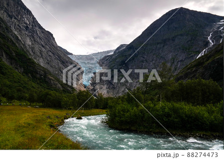 Panoramic view to Briksdal Glacier in Norway Panoramic view to Briksdal Glacier in Norway 88274473