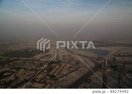 Panorama sunset view to Dubai skyscrapers, UAE Panorama sunset view to Dubai skyscrapers, UAE 88274492