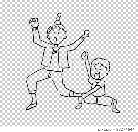 元気な女の子と男の子2人 線画のイラスト素材