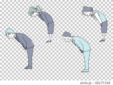 A set of people who are politely bowing (sideways) Comical handwritten person Vector, line drawing and color 88275186