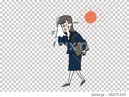 在炎熱的天氣裡營業的女商人漫畫手寫人物矢量、線條畫和顏色 88275195