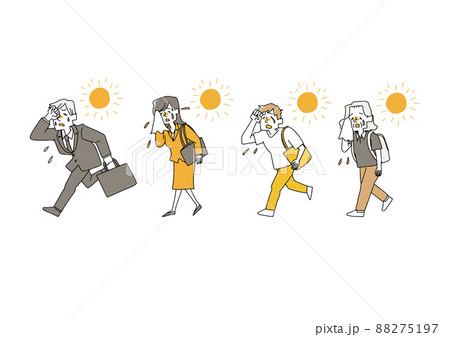 暑い中外出している人物のセット　コミカルな手書きの人物　ベクター、線画にカラー 88275197