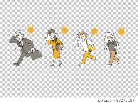 暑い中外出している人物のセット　コミカルな手書きの人物　ベクター、線画にカラー 88275197
