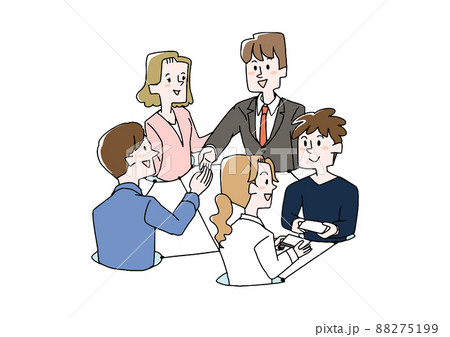 人脈作りをしているビジネスマンたち　コミカルな手書きの人物　ベクター、線画にカラー 88275199