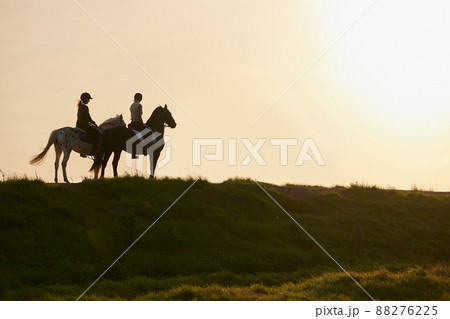 A horse is the projection of peoples dreams. Shot of two unrecognizable women riding their horses outside on a field. 88276225