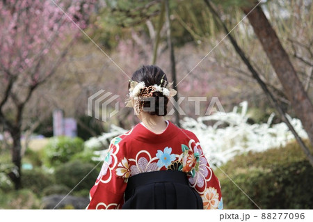 袴姿の若い女性が歩いている 88277096