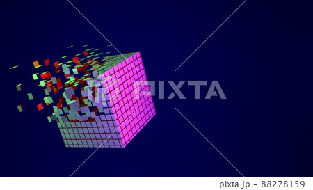 3d cube abstract background. Technology futuristic geometric block disintegrating into particles on blue background.  3d cube abstract background. Technology futuristic geometric block disintegrating into particles on blue background.  88278159