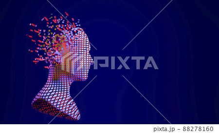 3d digital abstract human face on a dark background. Futuristic face cut into colored slices. Metaverse, artificial intelligence Ai concept. 3d digital abstract human face on a dark background. Futuristic face cut into colored slices. Metaverse, artificial intelligence Ai concept. 88278160