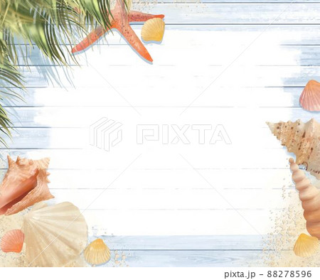 ヤシの木の葉と白くペンキを塗ったウッドデッキにヒトデや貝殻のある夏イメージの壁紙や背景素材 88278596