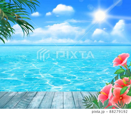 太陽の光差し込む青い空の下、美しい海沿いにヤシの木とハイビスカスの咲く夏のおしゃれフレーム背景素材 太陽の光差し込む青い空の下、美しい海沿いにヤシの木とハイビスカスの咲く夏のおしゃれフレーム背景素材 88279192