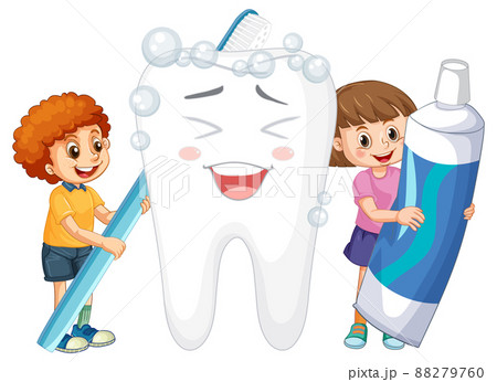 Happy kids brushing a big tooth with a toothbrush on white background Happy kids brushing a big tooth with a toothbrush on white background 88279760