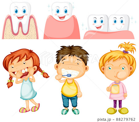 Set of all types of teeth with kids on white background Set of all types of teeth with kids on white background 88279762