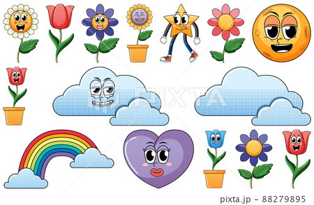 Set of facial expression with vintage style food cartoon on white background 88279895