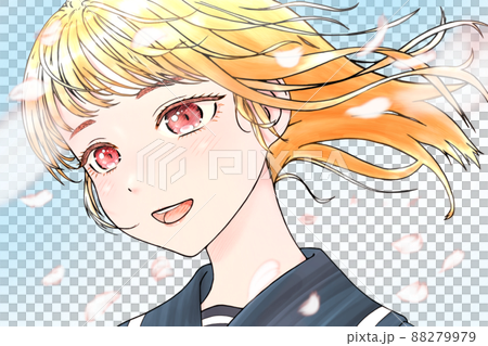 A color illustration of a female student in the middle of cherry blossom petals dancing and the wind blowing ・Outline = black ・Eyes = pink ・Hair = gold A color illustration of a female student in the middle of cherry blossom petals dancing and the wind blowing ・Outline = black ・Eyes = pink ・Hair = gold 88279979