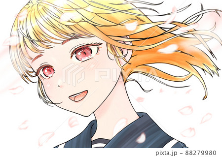 桜の花びらが舞い、風の中の、女学生のカラーイラスト・輪郭=黒色・瞳=ピンク色・髪=金色・背景無し 桜の花びらが舞い、風の中の、女学生のカラーイラスト・輪郭=黒色・瞳=ピンク色・髪=金色・背景無し 88279980