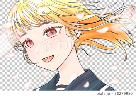 桜の花びらが舞い、風の中の、女学生のカラーイラスト・輪郭=黒色・瞳=ピンク色・髪=金色・背景無し 桜の花びらが舞い、風の中の、女学生のカラーイラスト・輪郭=黒色・瞳=ピンク色・髪=金色・背景無し 88279980