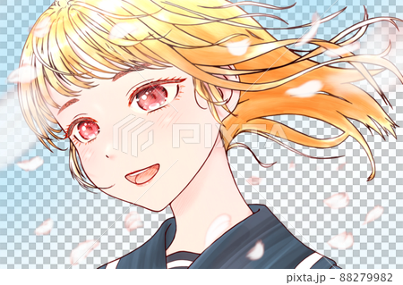 横向きの女学生のカラーイラスト 輪郭 茶色 瞳 ピンク色 髪 金色のイラスト素材 8799