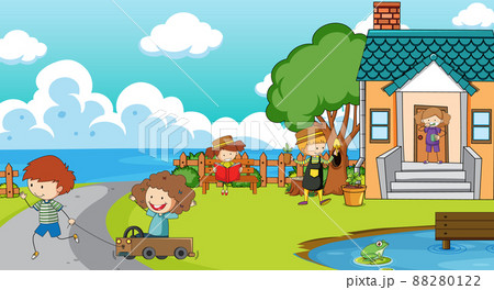 A simple house with kids in nature background 88280122