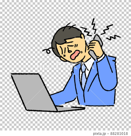 A businessman who makes a phone call to handle complaints while looking at a computer A businessman who makes a phone call to handle complaints while looking at a computer 88281018