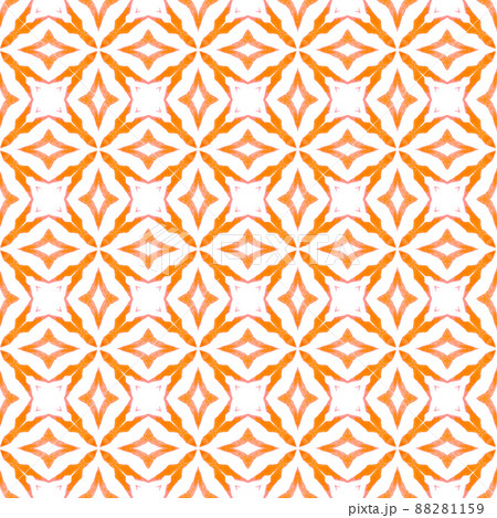 Watercolor ikat repeating tile border. Orange enchanting boho chic summer design. Ikat repeating swimwear design. Textile ready popular print, swimwear fabric, wallpaper, wrapping. 88281159