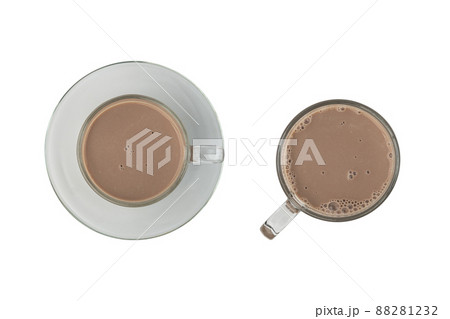 Chocolate milk in glass isolated on white background with clipping path.Top view Chocolate milk in glass isolated on white background with clipping path.Top view 88281232