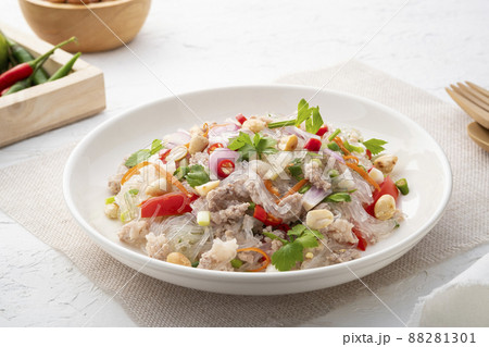 Spicy Glass Noodle Salad with Minced Pork (Yum woon sen) is a type of Thai salad made with clear bean vermicelli and meat in white plate 88281301