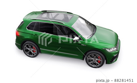 Compact green sports city SUV for exciting driving, for work and family on a white isolated background. 3d rendering. Compact green sports city SUV for exciting driving, for work and family on a white isolated background. 3d rendering. 88281451