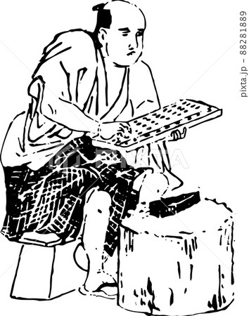 座ってそろばんで計算する男性 88281889