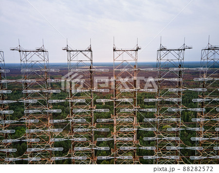 Aerial view of Duga radar system in abandoned military base in Chernobyl Aerial view of Duga radar system in abandoned military base in Chernobyl 88282572