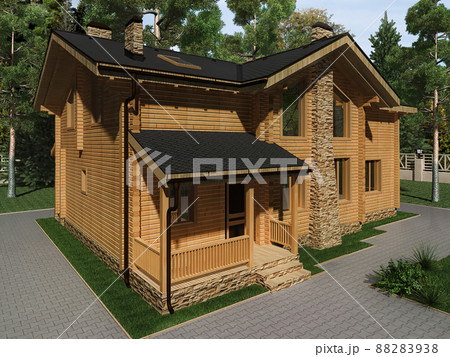 3d render of the concept of an architectural project of a private house in a coniferous forest 3d render of the concept of an architectural project of a private house in a coniferous forest 88283938