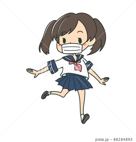 マスクをつけて走る女子高生のイラスト セーラー服 カラーのイラスト素材 43