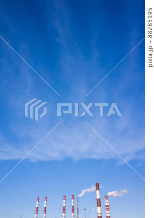Striped red white industrial chimneys of modern urban Cogeneration Striped red white industrial chimneys of modern urban Cogeneration 88285195