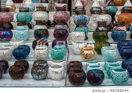 Turkish candlesticks lamps on street vendor counter. Turkish candlesticks lamps on street vendor counter. 88288044