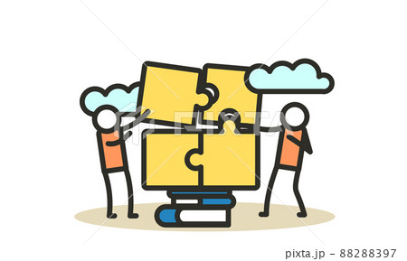 Puzzle teamwork man and woman business partnership communication. People work with books vector concept illustration. Together create piece jigsaw solution. Cooperation office human idea. Planning job Puzzle teamwork man and woman business partnership communication. People work with books vector concept illustration. Together create piece jigsaw solution. Cooperation office human idea. Planning job 88288397