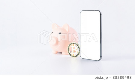 Phone mockup Bitcoin application. Piggy bank with bitcoin BTC, mobile smart phone blank screen. Save money business. 88289498